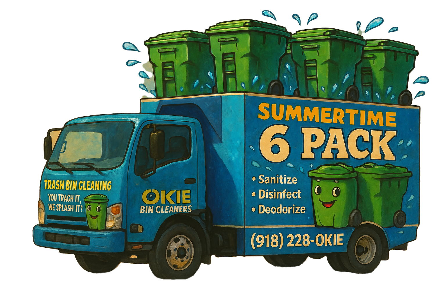 A cartoon image of the okie bin cleaners truck for the summertime 6 pack promo